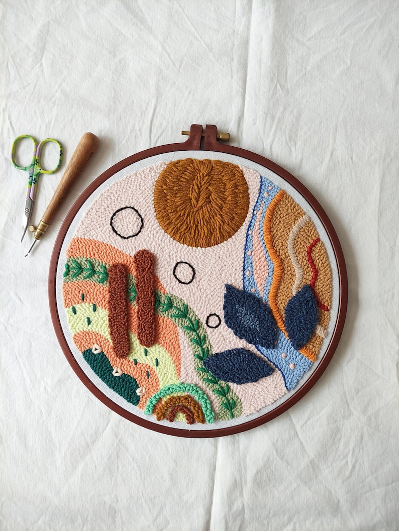 Art mural Punch Needle en coton 25x25 cm, décoration bohème abstraite, tons terreux