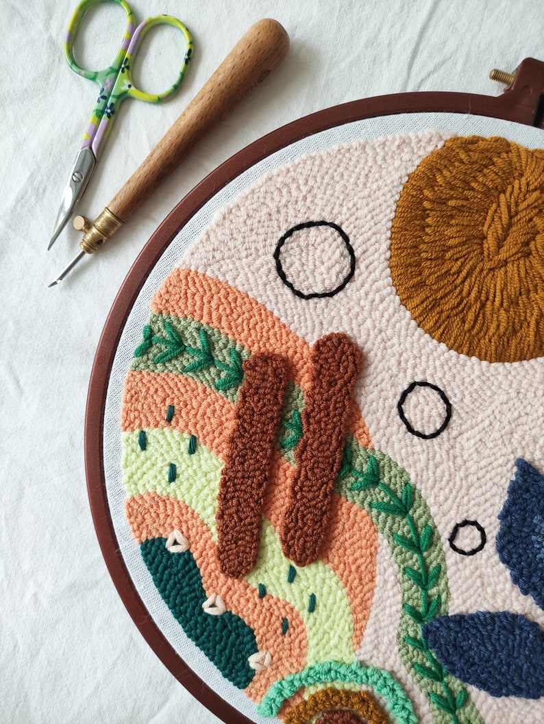 Art mural Punch Needle en coton 25x25 cm, décoration bohème abstraite, tons terreux
