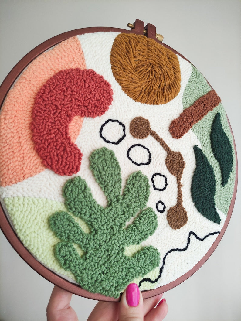 Suspension murale bohème en macramé avec motifs botaniques abstraits, 25 x 25 cm, fil de coton