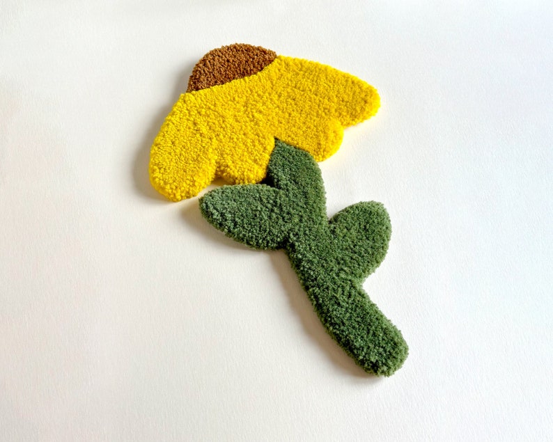 Suspension murale capitonnée tournesol, décoration florale, laine 100%, 40x27x2 cm