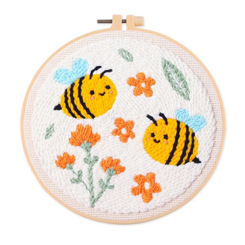 Kit de démarrage Punch Needle pour débutant avec aiguille en bois, cercle à broder 20 cm, fil inclus