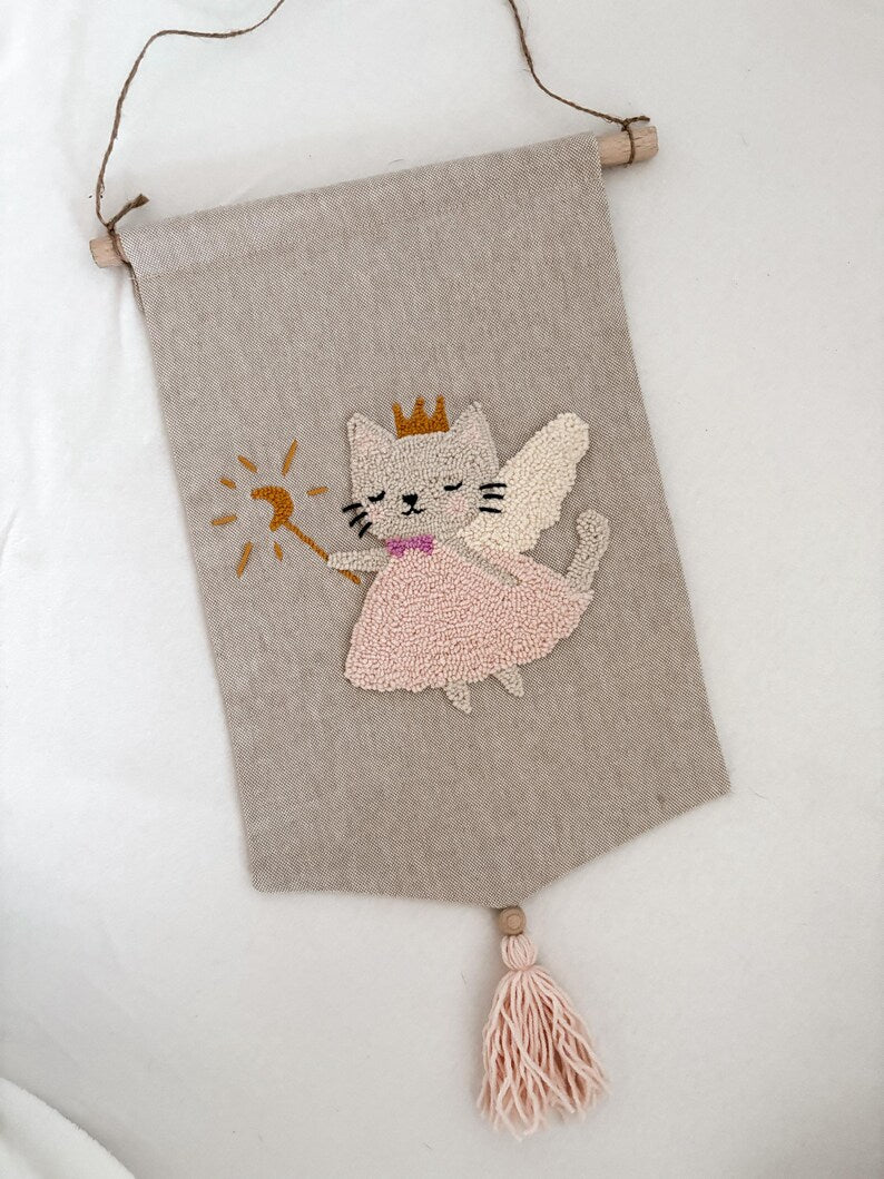 Suspension murale en tissu conte de fées chat décoration bohème 32 cm