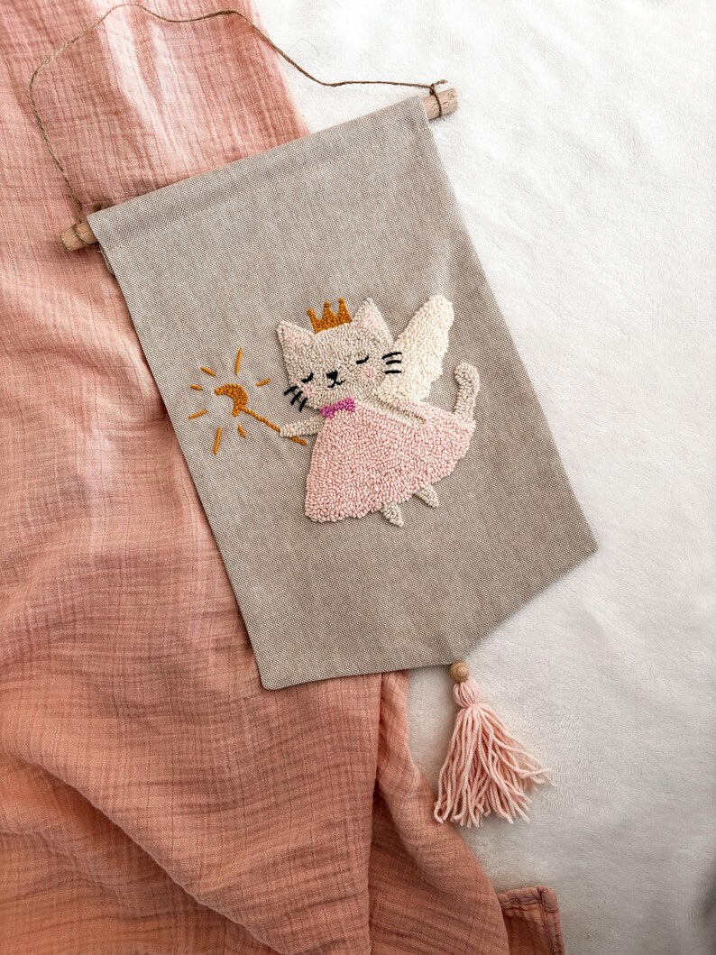 Suspension murale en tissu conte de fées chat décoration bohème 32 cm
