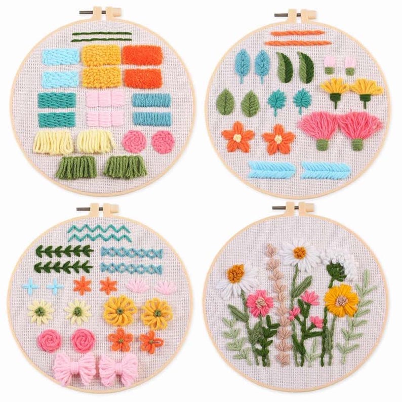 Kit de démarrage pour perforatrices avec cercle à broder 20 cm, 3 ou 4 toiles de lin imprimées, aiguille en bois et fils de coton inclus