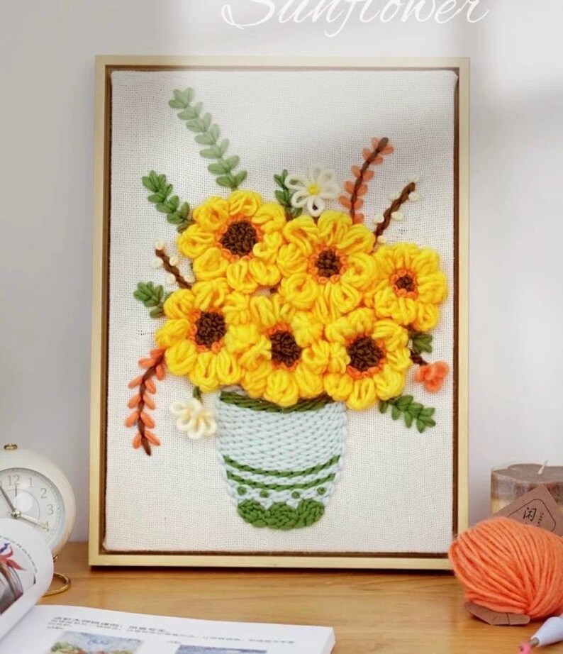 Kit de démarrage de punch needle tournesol avec aiguille réglable, tissu préimprimé, fils de coton et outils