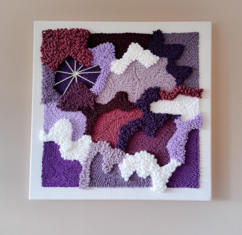 Tableau mural tissé 3D punch needle lavande prune 50x50 cm décoration salon chambre