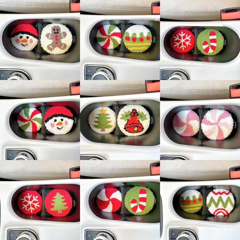 Lot de 2 dessous de verre capitonnés de Noël, décoration de voiture, punch needle, 7 cm