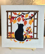 Punch Needle Art Mural 30x30 cm - Chat Noir à la Fenêtre - Broderie Textile Fait Main