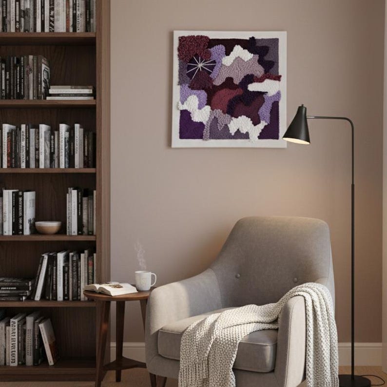 Tableau mural tissé 3D punch needle lavande prune 50x50 cm décoration salon chambre