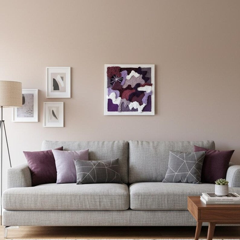 Tableau mural tissé 3D punch needle lavande prune 50x50 cm décoration salon chambre