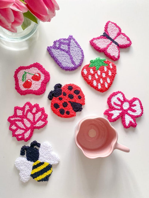 Dessous de Tasse Punch Needle Coton 10cm - Mug Rug Artisanal - Set de 9 Designs Fleurs et Fruits