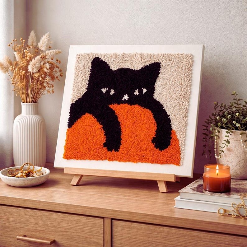Punch Needle Kit Chat Noir Moderne, Broderie DIY pour Débutants, Décoration Murale Élégante