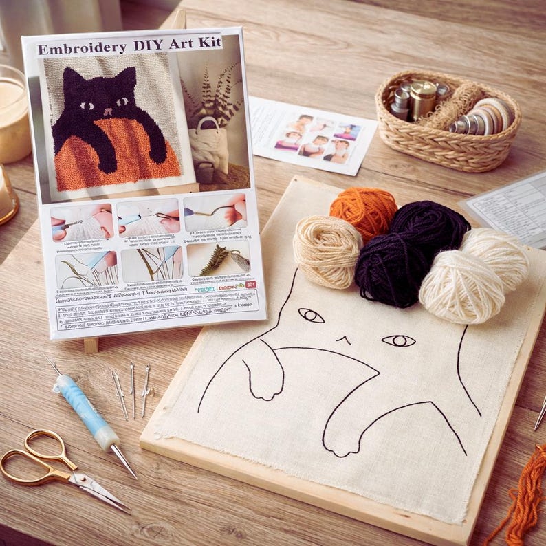 Punch Needle Kit Chat Noir Moderne, Broderie DIY pour Débutants, Décoration Murale Élégante