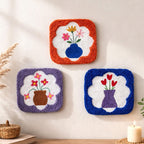 Lot de 3 décorations murales florales en textile perforé, 16 cm, fait main