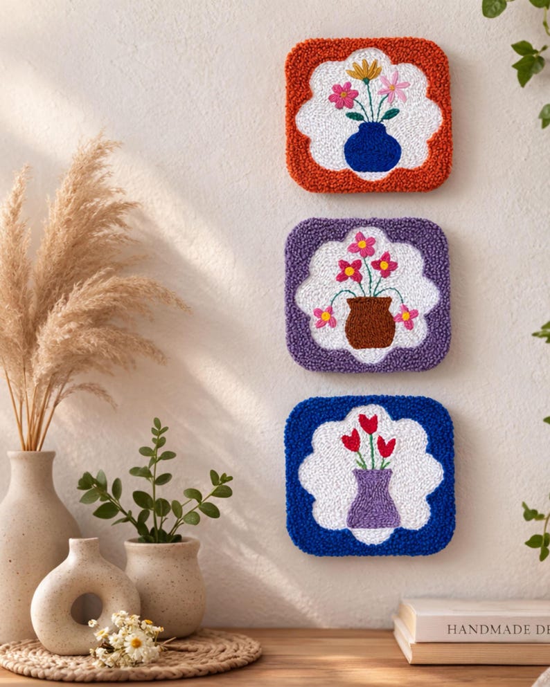 Lot de 3 décorations murales florales en textile perforé, 16 cm, fait main