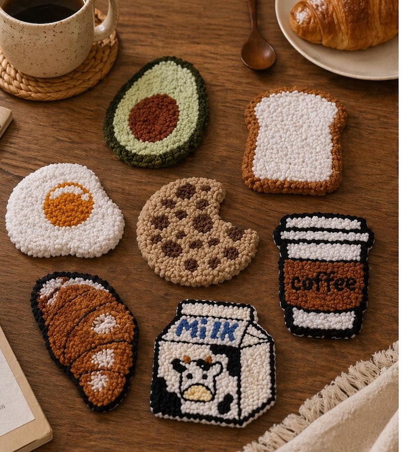 Kit de broderie punch needle sous-verres petit-déjeuner, motifs alimentaires, pour débutants