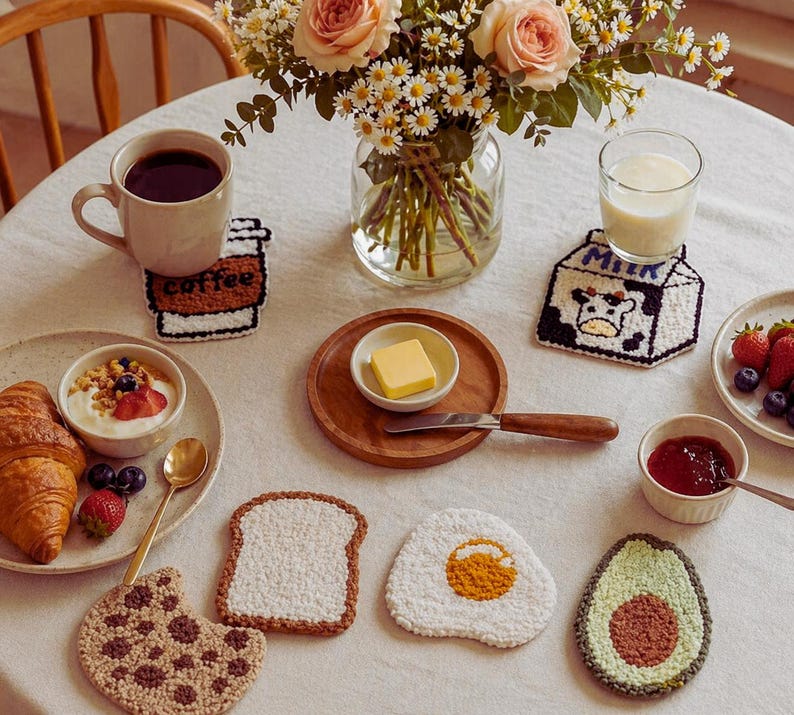 Kit de broderie punch needle sous-verres petit-déjeuner, motifs alimentaires, pour débutants