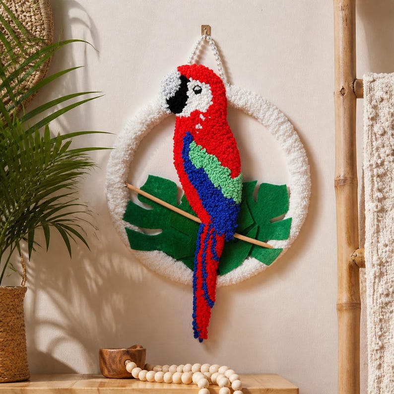 Perroquet mural métallique perforé, décoration suspendue oiseau tropical, accent jungle salon