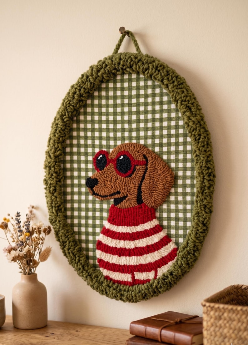 Décoration murale teckel en broderie punch needle, fait main, 20x29 cm, 3 coloris