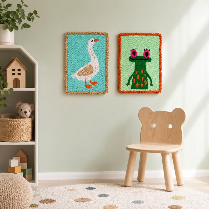 Lot de 2 décorations murales textile grenouille et oie, art mural pour chambre d'enfant, panneaux en tissu fait main