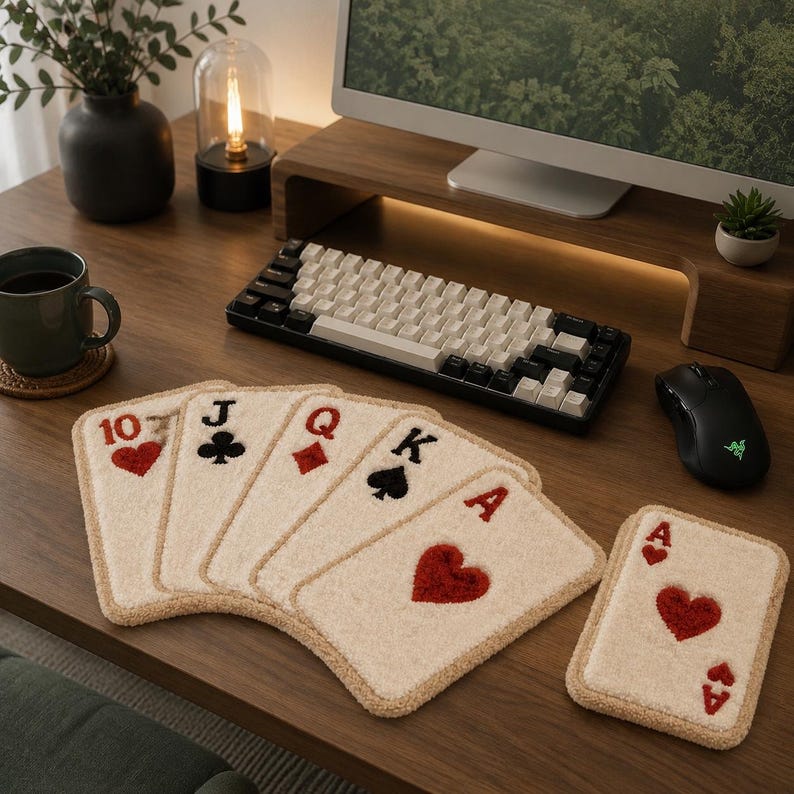 Repose-poignet clavier et tapis de souris en punch needle, motif cartes, texturé