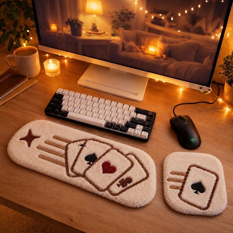 Repose-poignet clavier et tapis de souris en punch needle, motif cartes, texturé