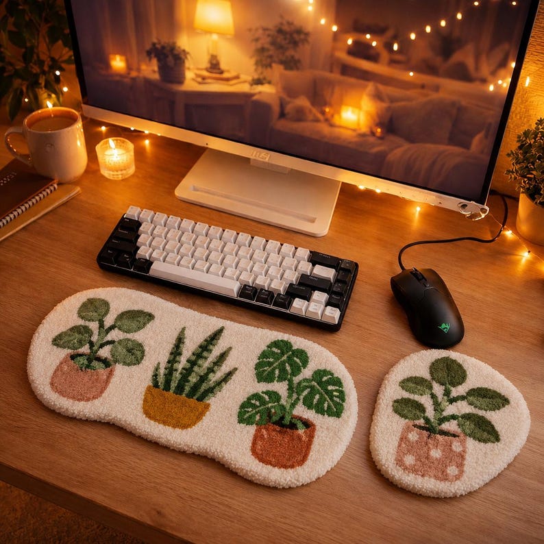 Ensemble de bureau Botanical Punch Needle, duo clavier et souris fait main