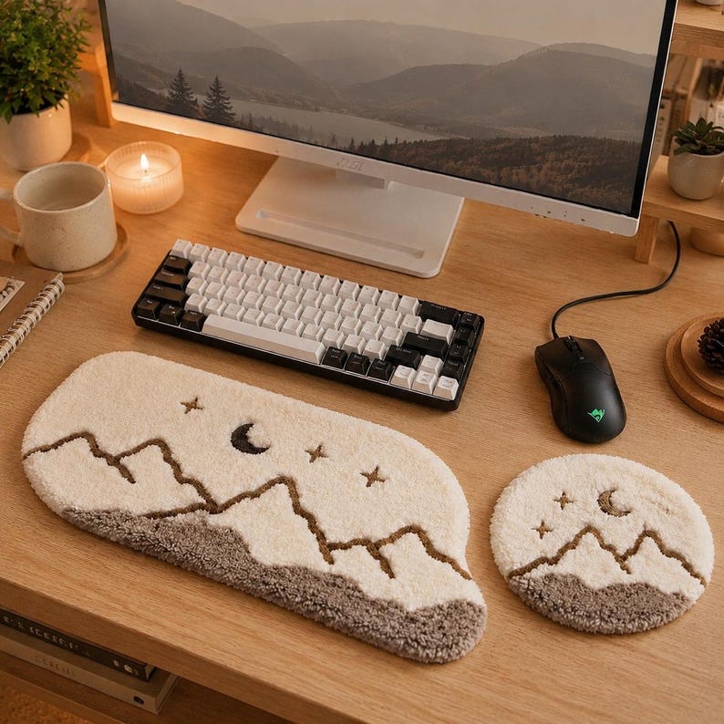 Repose-poignet clavier et souris en textile tufté main, support de bureau minimaliste montagne, ensemble de 2 pièces