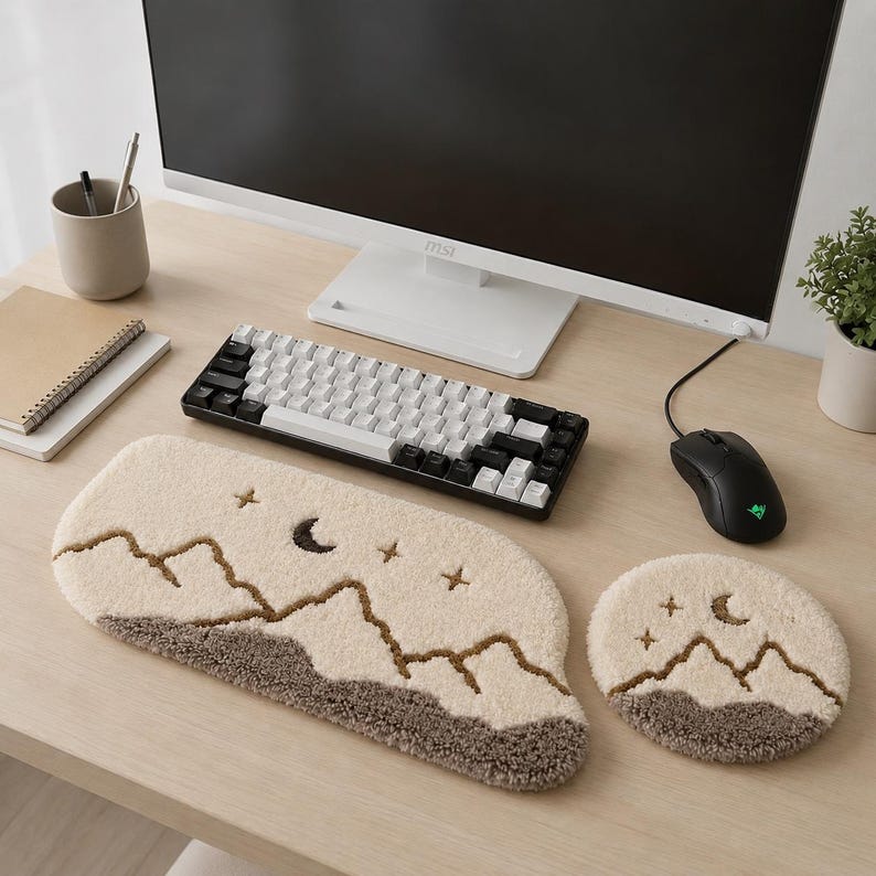 Repose-poignet clavier et souris en textile tufté main, support de bureau minimaliste montagne, ensemble de 2 pièces