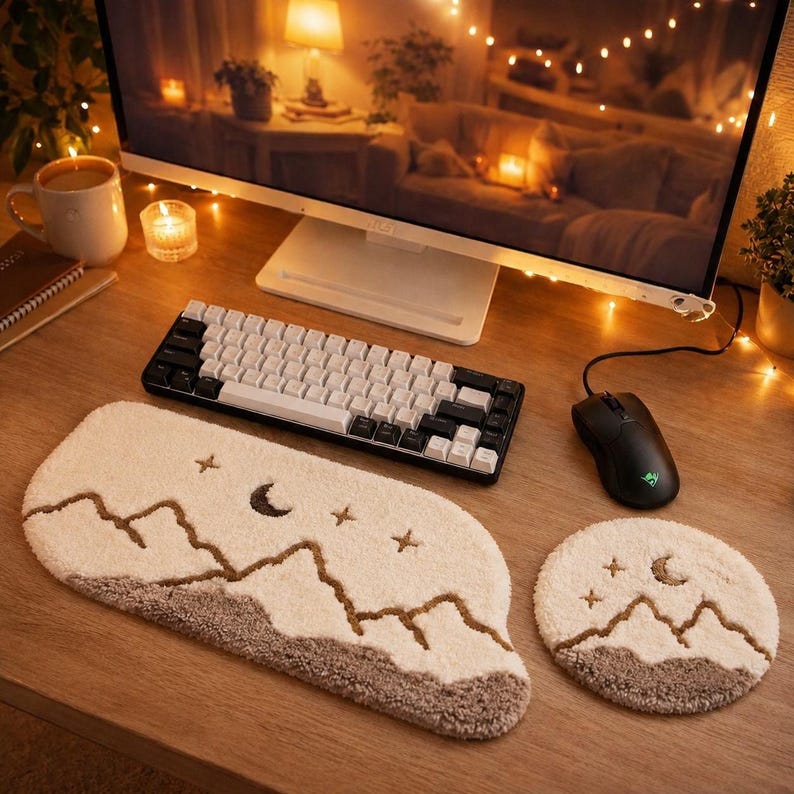 Repose-poignet clavier et souris en textile tufté main, support de bureau minimaliste montagne, ensemble de 2 pièces