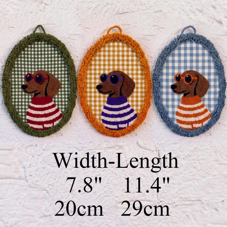 Décoration murale teckel en broderie punch needle, fait main, 20x29 cm, 3 coloris