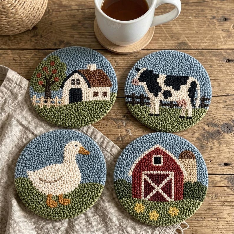 Ensemble de 4 sous-verres perforés Farmhouse, décor de table touffeté cottagecore, dessous de verre en fil rustique