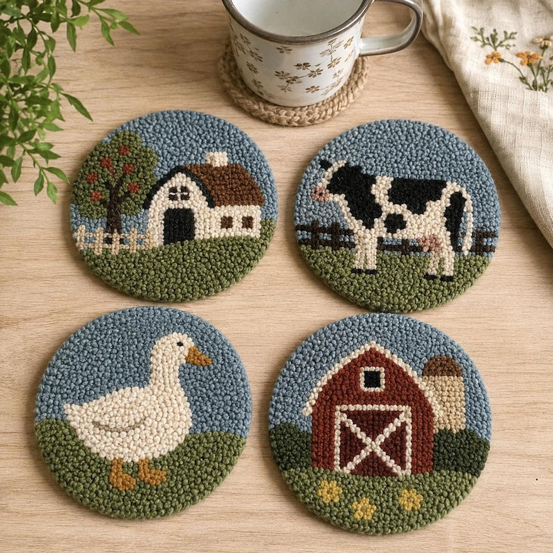 Ensemble de 4 sous-verres perforés Farmhouse, décor de table touffeté cottagecore, dessous de verre en fil rustique