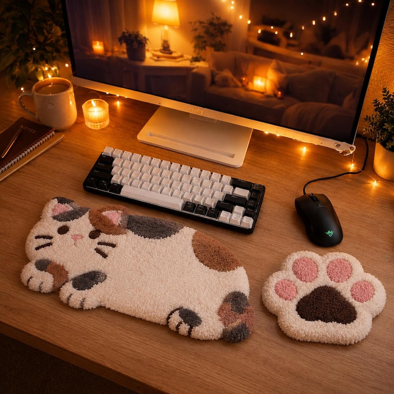 Repose-poignets et tapis de souris en forme de chat, ensemble de bureau capitonné fait main, accessoires pour clavier et souris
