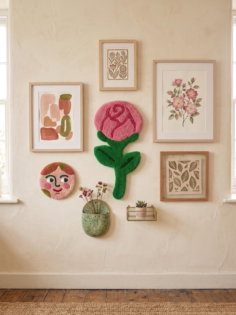 Tenture murale en laine rose avec motif floral, touffe main, décoration murale 40x20 cm