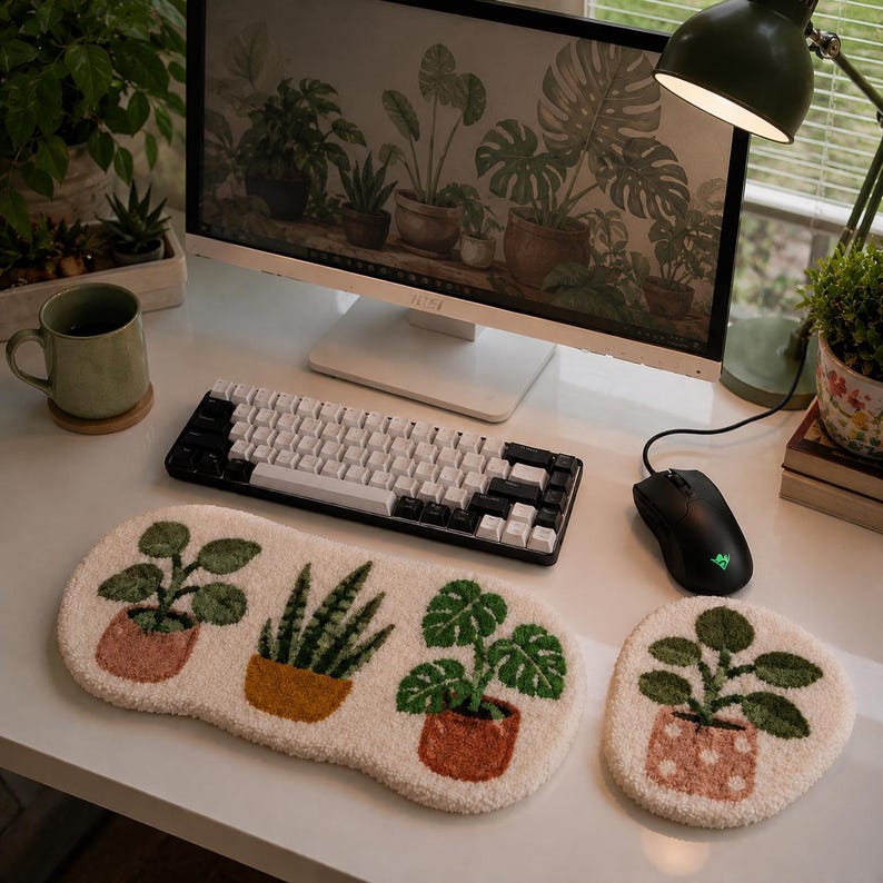 Ensemble de bureau Botanical Punch Needle, duo clavier et souris fait main