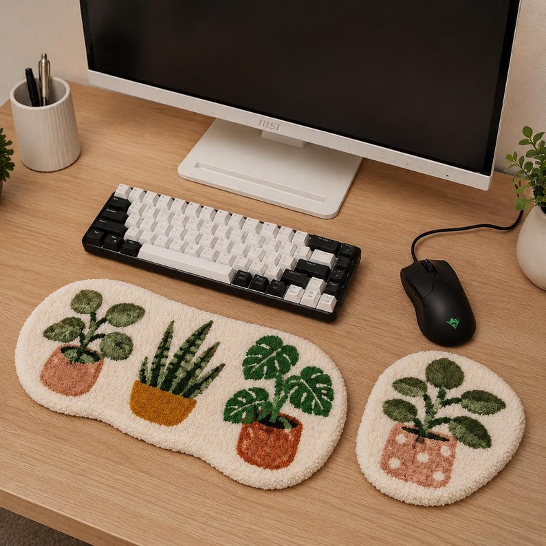 Ensemble de bureau Botanical Punch Needle, duo clavier et souris fait main