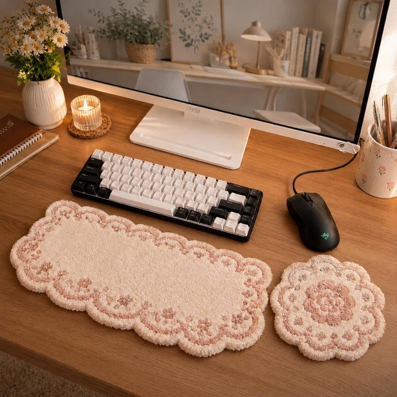 Duo de repose-poignets fleuris en dentelle victorienne avec aiguilletage, pour clavier et souris