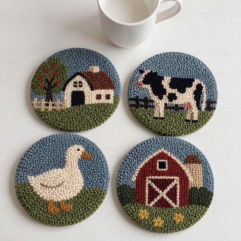 Ensemble de 4 sous-verres perforés Farmhouse, décor de table touffeté cottagecore, dessous de verre en fil rustique
