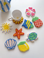 Set de 9 Dessous de Tasse Punch Needle en Coton, Coasters Ronds 10 cm, Motifs Été et Plage
