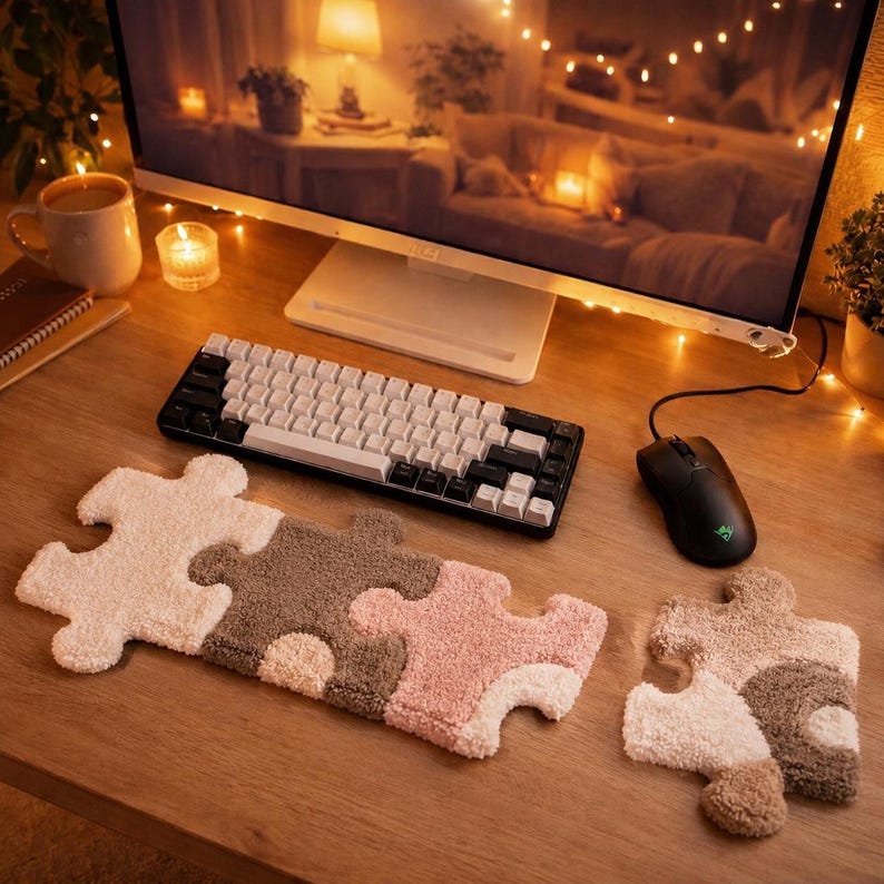 Ensemble de bureau capitonné à la main avec repose-poignets pour clavier et tapis de souris textile, motif puzzle