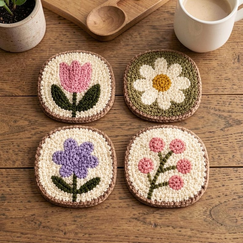 Set de 4 sous-verres en textile à motifs floraux, broderie au poinçon, fil de coton, 10 cm