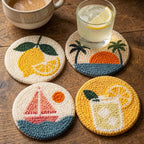 Ensemble de 4 sous-verres ronds en laine, broderie punch needle, décoration de table, coucher de soleil californien