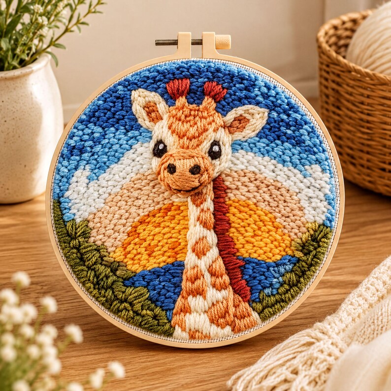 Kit Punch Needle Animaux Mignons Girafe Douce Déco Murale 20x20cm