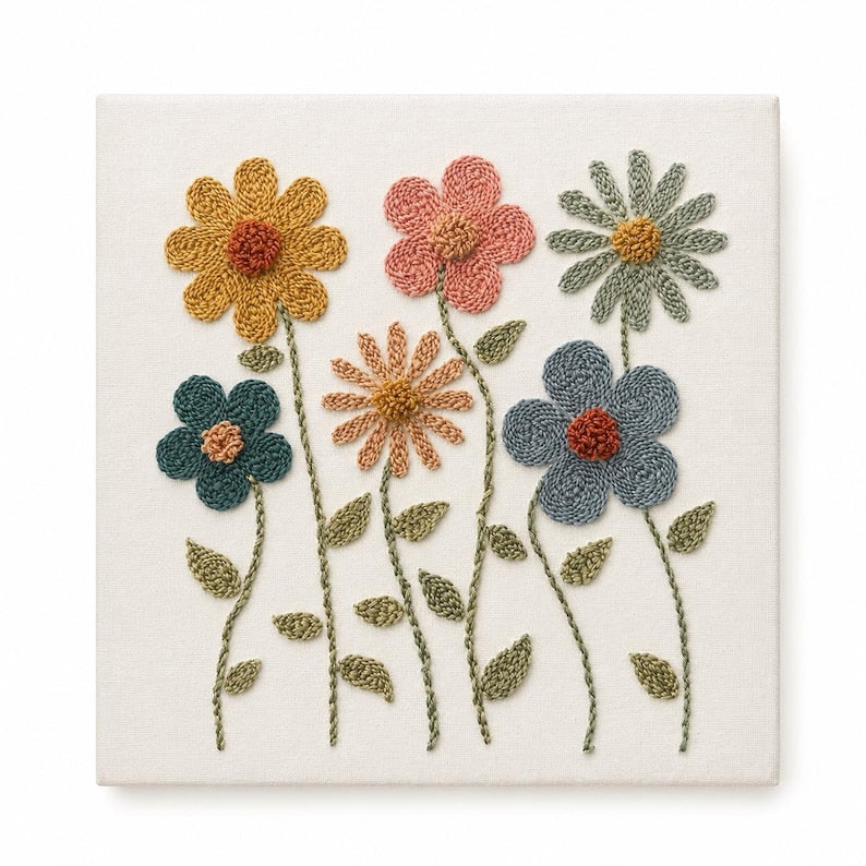Tableau mural floral en punch needle, toile texturée en fibres, style cottagecore neutre, 10x10 pouces, fait main