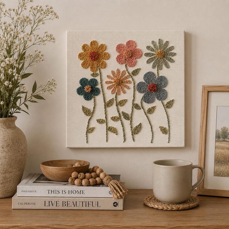 Tableau mural floral en punch needle, toile texturée en fibres, style cottagecore neutre, 10x10 pouces, fait main