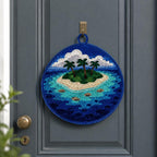 Tapisserie murale artisanale en punch needle, île tropicale aérienne, 20 cm, décoration côtière