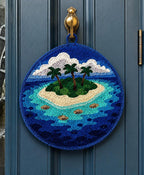 Tapisserie murale artisanale en punch needle, île tropicale aérienne, 20 cm, décoration côtière