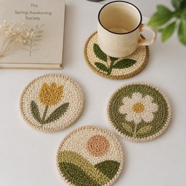 Ensemble de 4 sous-verres en broderie punch needle, sets de table en fil à motifs floraux botaniques