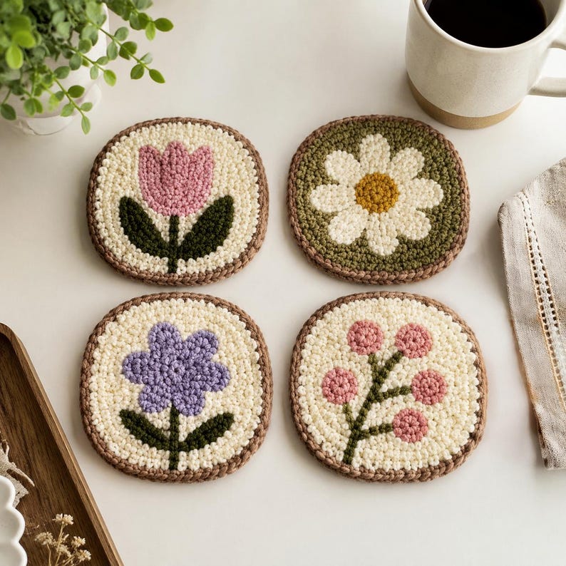 Set de 4 sous-verres en textile à motifs floraux, broderie au poinçon, fil de coton, 10 cm